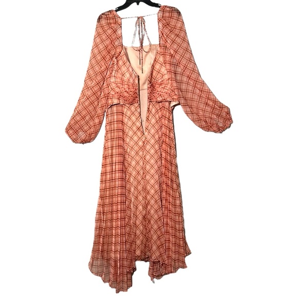 NWT Acler Mattison Pleated Plaid Chiffon Maxi Dress in Peach Size 6 Chic Retro - Picture 10 of 15